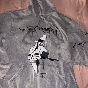 Ed Hardy Gray Hoodie with Skull Design
